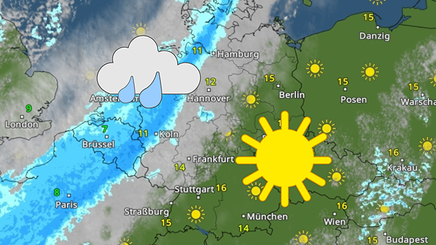 WetterRadar-Karte von Mitteleuropa mit Regenband im Westen über Frankreich, Benelux und Westdeutschland. Im Osten überwiegt sonniges Wetter.