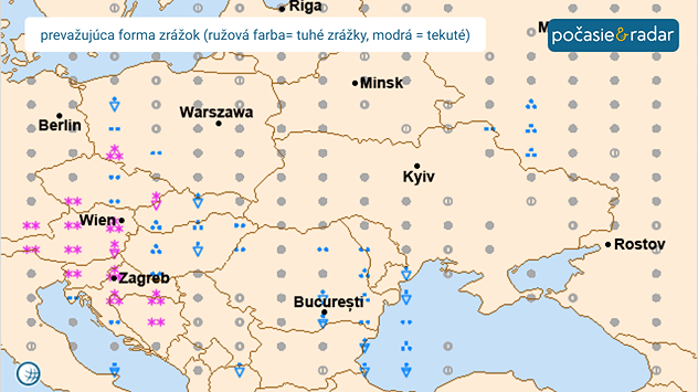 Mapa Európy s prevládajúcim typom zrážok, dážď aj sneh