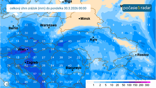 Celkový úhrn zrážok nad Európou do 30. marca, najviac v strednej Európe
