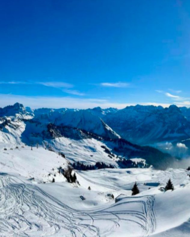 Snow-covered mountain slopes with ski tracks in the foreground, scattered trees, and rugged peaks in the distance under a clear blue sky.