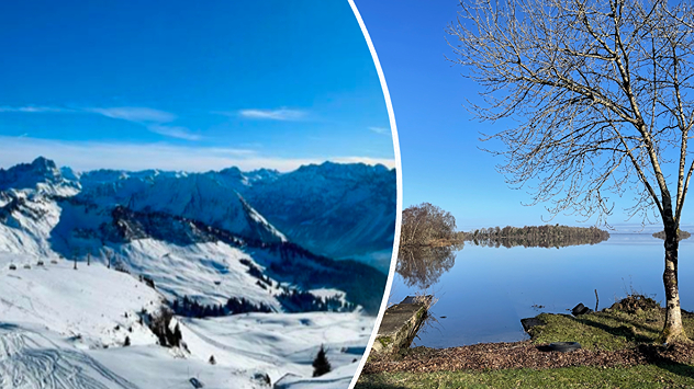 Split image showing snow-covered mountain slopes and ridgelines under a clear blue sky on the left, and a still lake on the right reflecting a blue sky with bare trees and a grassy shoreline, divided by a curved white line.