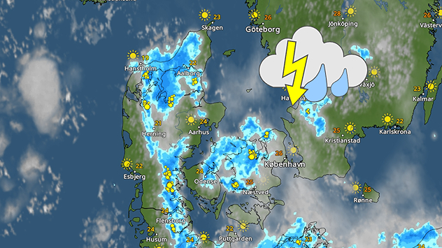 VejrRadar over Danmark med lokale tordenbyger, regn og sol i et lunt sommervejr.