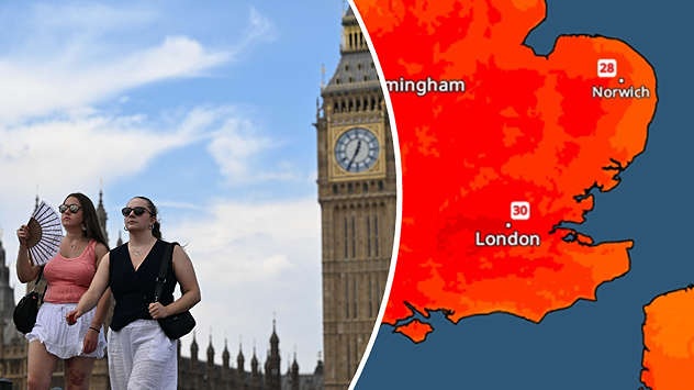 Une image composite composée d'une carte des températures et d'une photo représentant deux jeunes femmes devant Big Ben.