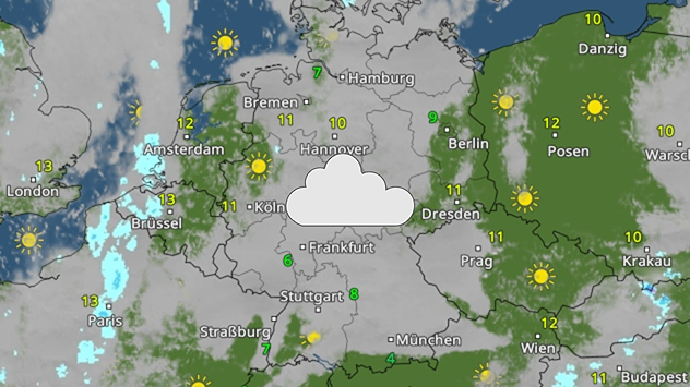 Wetterkarte mit Wolken über Deutschland und Sonne in Polen, Frankreich und den Niederlanden.