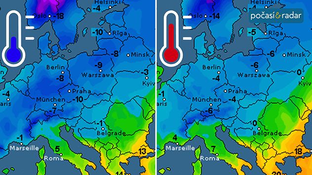 Předpověď maximálních teplot v Evropě, středa 7. ledna: Do střední Evropy v příštím týdnu pronikne mrazivý vzduch od severovýchodu. I v Česku očekáváme nejvyšší denní teploty pod bodem mrazu, noční teploty budou klesat až k hodnotám kolem −10 °C.