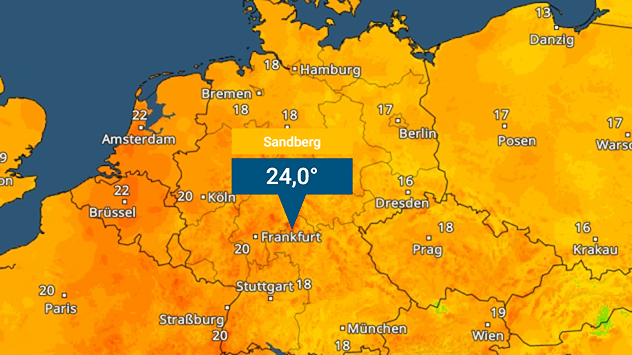 Deutschlandkarte mit nächtlichen Tiefstwerten, markiert: Sandberg 24 Grad