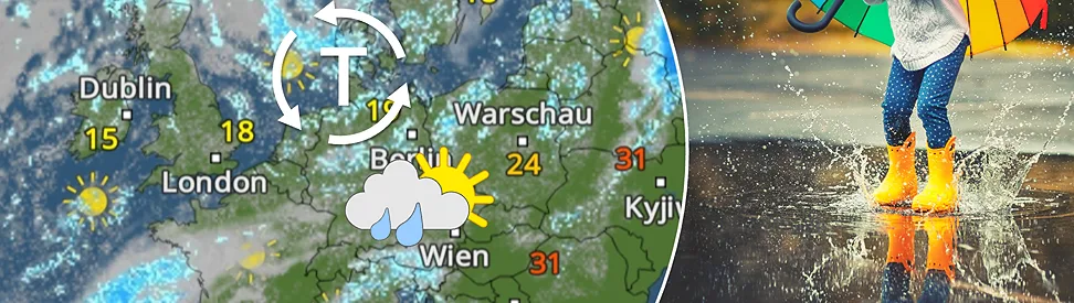 Wetterkarte Europas mit mehreren Tiefdruckgebieten und Regenwolken über Deutschland und angrenzenden Regionen.