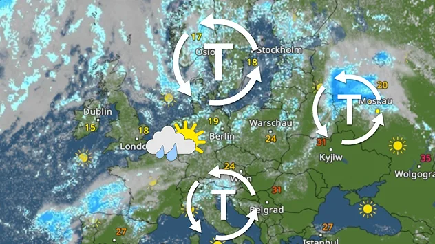 Wetterkarte Europas mit mehreren Tiefdruckgebieten und Regenwolken über Deutschland und angrenzenden Regionen.