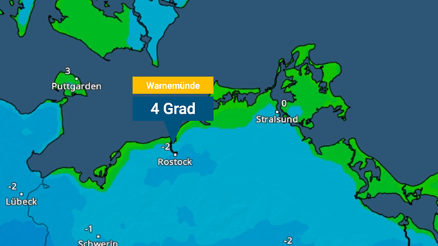 Wetterkarte der Ostseeküste Mecklenburg-Vorpommerns mit markierten Temperaturen. In Warnemünde werden 4 Grad angezeigt, Richtung Binnenland überall frostig.