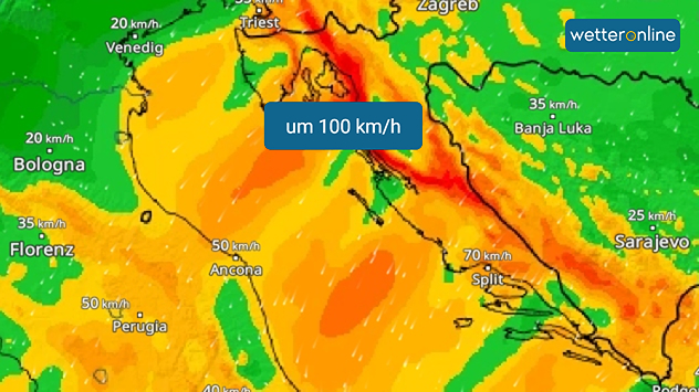 Das WindRadar zeigt schwere Sturmböen.