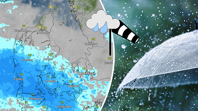 Vejrkort fra Vejr & Radar viser udbredt regn over Danmark med blå nedbørsområder, især i Jylland og på Fyn. Temperaturen ligger omkring 10-12 grader, og et vindikon markerer blæsende vejr fra sydvest. Til højre ses et nærbillede af en paraply i regn.