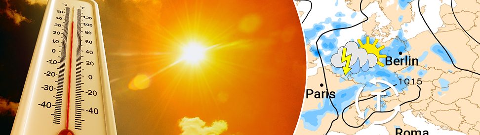 Links Thermometer mit über 35 Grad und strahlender Sonne, rechts Europakarte mit Tiefdruckgebiet und Gewittern bei Berlin und Paris. (c) VladisChern/shutterstock.com