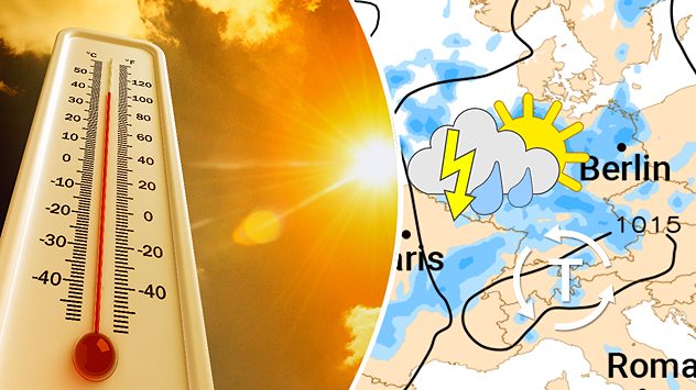 Links Thermometer mit über 35 Grad und strahlender Sonne, rechts Europakarte mit Tiefdruckgebiet und Gewittern bei Berlin und Paris. (c) VladisChern/shutterstock.com