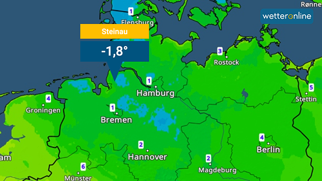 Wetterkarte mit Temperaturwerten, Tiefstwert -1,8 Grad in Steinau.