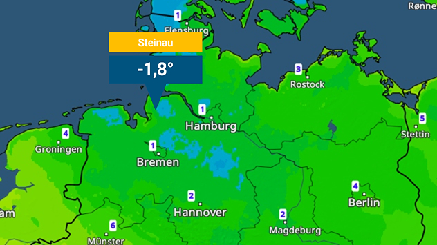 Wetterkarte mit Temperaturwerten, Tiefstwert -1,8 Grad in Steinau.