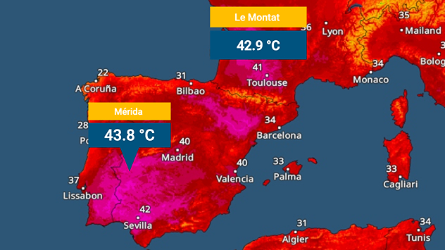Temperature radar for south-western Europe Peak values