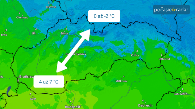 Teplotný radar pre nedeľu 8.2. s vyznačením teplotným rozdielov. Juh Slovenska 4 až 7 °C, sever v tom istom čase slabo pod nulou alebo okolo nuly.