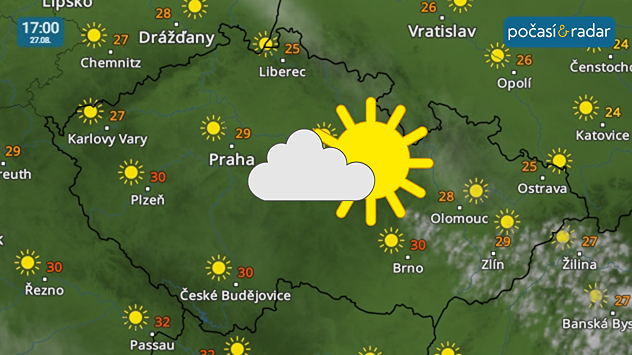 Meteoradar, screenshot, 27. srpna 17:00: Čtvrtek do Česka přinese slunečné počasí s vysokými odpoledními teplotami většinou mezi 25 až 30 °C.