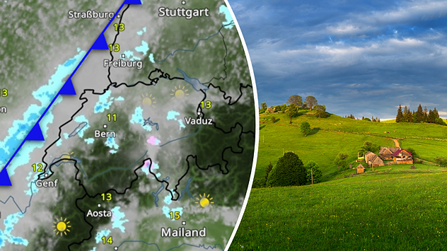 Das Bild zeigt links das WetterRadar mit einer Kaltfront westlich der Schweiz. Rechts ein Bauernhof in den Voralpen bei bewölktem Himmel.