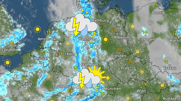 WetterRadar für Deutschland mit Regen- und Gewittergebieten vom Norden bis in den Süden. Im Osten und Südosten häufiger Sonne und trockenes Wetter. Temperaturen meist zwischen 13 und 20 Grad.