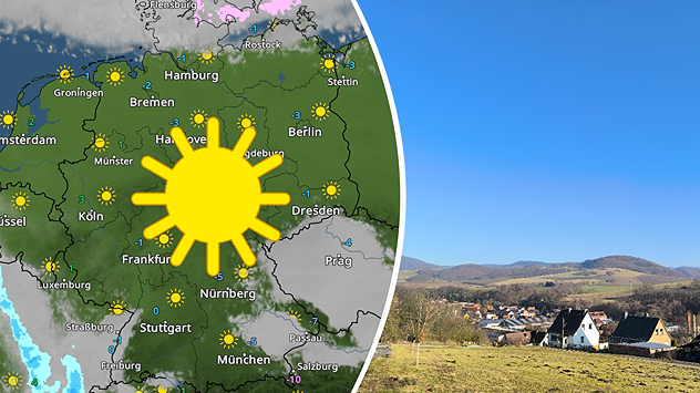 Links eine WetterRadar-Karte von Deutschland mit vielen Sonnensymbolen, rechts ein Foto vom 18.01.2026 aus Schmalkalden zwischen Werra und westlichem Thüringer Wald mit sonniger Landschaft und blauem Himmel.
