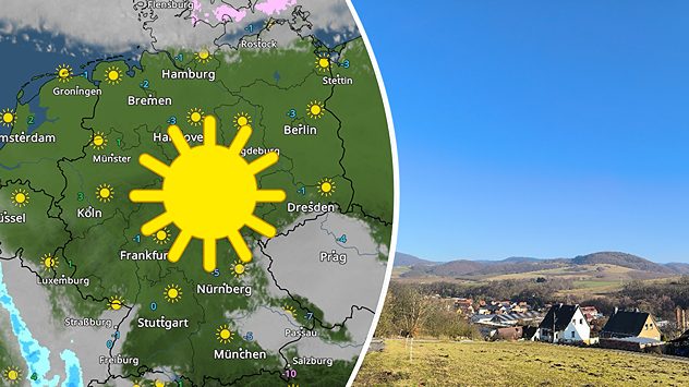 Links eine WetterRadar-Karte von Deutschland mit vielen Sonnensymbolen, rechts ein Foto vom 18.01.2026 aus Schmalkalden zwischen Werra und westlichem Thüringer Wald mit sonniger Landschaft und blauem Himmel. (c) JÃ¶rg Friedrich