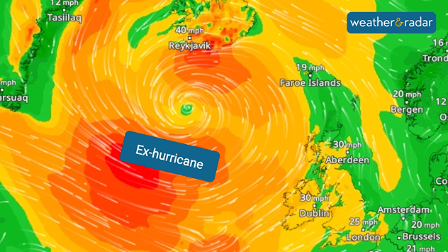 Weather map showing an ex-hurricane centred south of Iceland near Reykjavík, with swirling bands of strong winds. The heaviest winds, marked in red and orange, spread across the North Atlantic towards Ireland and the UK, with speeds up to 40 mph near Iceland and 30 mph in parts of Ireland and Scotland.