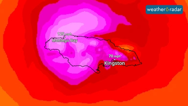 A weather map shows Hurricane Melissa over Jamaica. The Category 5 hurricane is moving over Montego Bay and Kingston with strong winds. Colours indicate wind speeds.