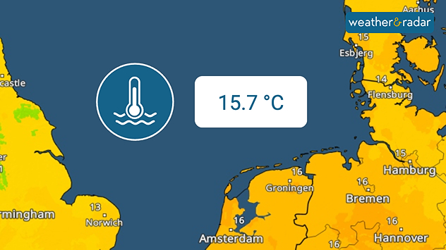 TemperatureRadar shows the North Sea with a water temperature of 15.7 degrees.