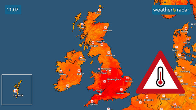 Temperature radar of the UK and Ireland with heat warning, highs of 30+ degrees in England and Wales.