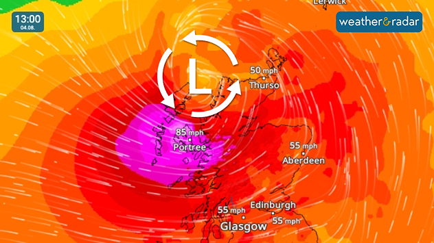 Wind map for Scotland. A pressure icon shows the location of Storm Floris. Peak gusts of 85 mph visible in Portree, 55 mph in Glasgow and Edinburgh.