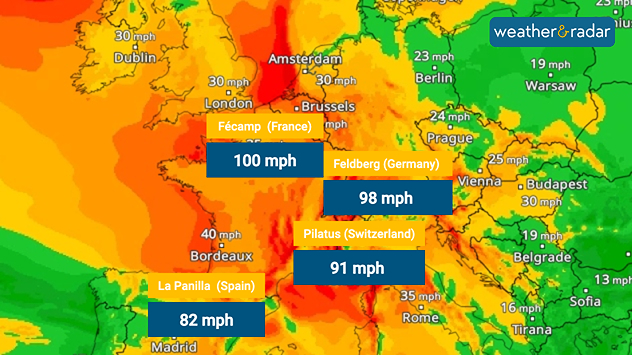 Weather map with colour representation of strong winds and marked peak gusts in Western Europe.