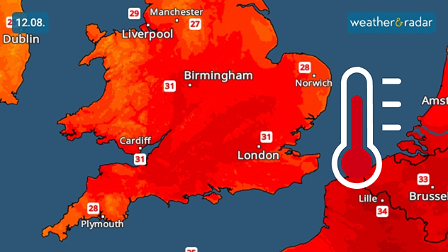 Temperature map showing Engand and Wales with a red thermometer. Map is widely red, indicating hot temperatures. Highs of 31 degrees in London, Cardiff, and Birmingham are visible.