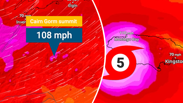 Split image with wind radar showing gust of 108 mph on the left, and wind radar showing Hurricane Melissa over Jamaica on the right.