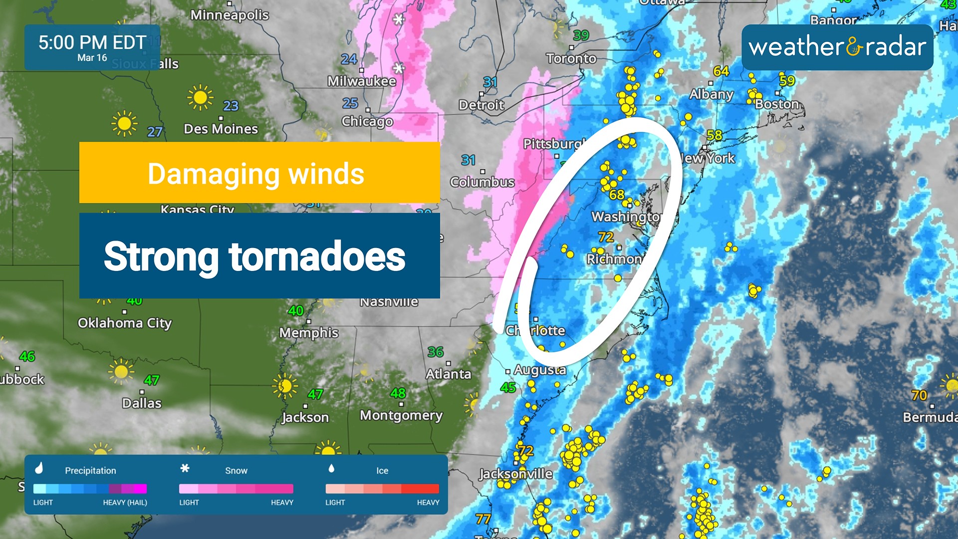 The Mid-Atlantic will see the risk of damaging winds and strong tornadoes this afternoon and evening.