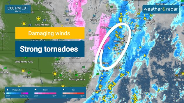 The Mid-Atlantic will see the risk of damaging winds and strong tornadoes this afternoon and evening.