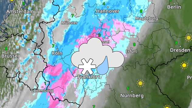 Wetterkarte mit Schneeregenband über Deutschland Farbige Darstellung von Regen und Schnee von Südwest nach Nordost