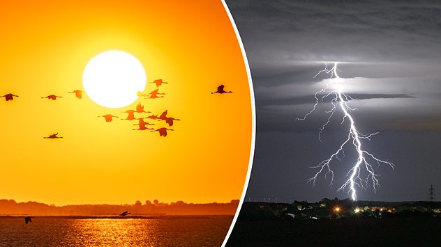 Sonnenuntergang mit Vögeln links, Blitz in der Nacht rechts. (c) Klaus Haase und Torsten Brehme