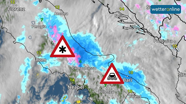 WetterRadar zeigt Regen und Schneefall im Südosten Italiens. 