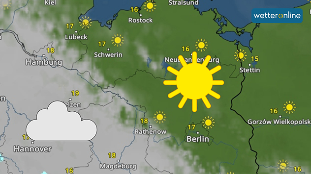 Die Wetterkarte zeigt Wolken über Niedersachsen und Sonne von Berlin bis nach Mecklenburg-Vorpommern. Die Temperaturen liegen zwischen 15 und 19 Grad.