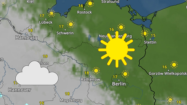 Die Wetterkarte zeigt Wolken über Niedersachsen und Sonne von Berlin bis nach Mecklenburg-Vorpommern. Die Temperaturen liegen zwischen 15 und 19 Grad.