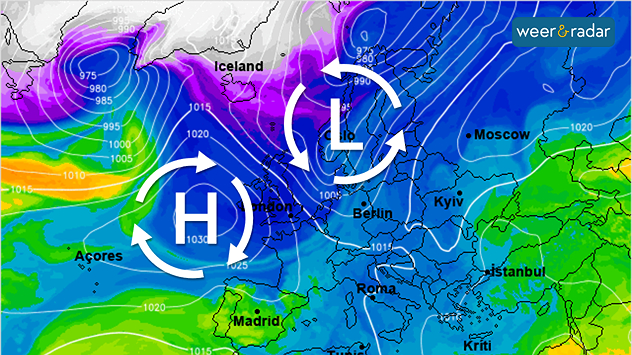 De weerkaart voor begin volgende week toont een noordwestelijke stroming met frisse polaire lucht.