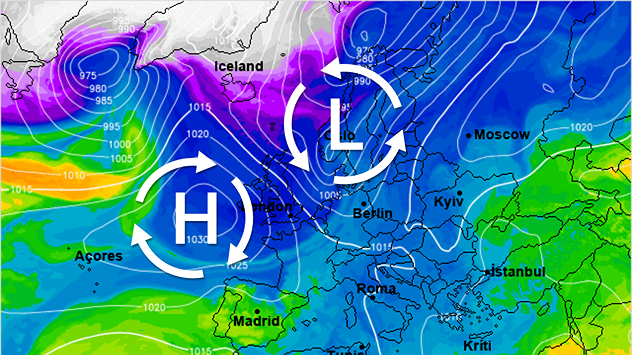 De weerkaart voor begin volgende week toont een noordwestelijke stroming met frisse polaire lucht.