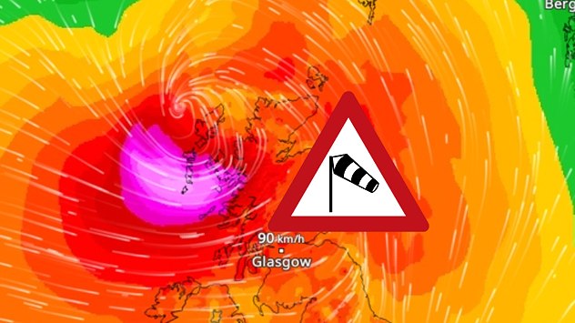 Windradar met storm bij Schotland