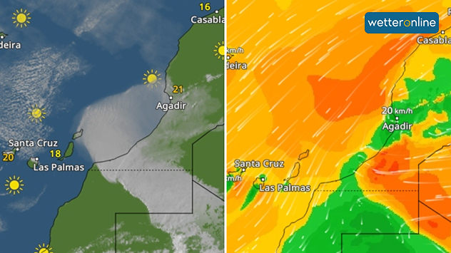 Das WetterRadar von Montagabend (links) zeigt schön die gut 1200 Kilometer lange Sandsturmfront über dem Nordwesten Afrikas. Rechts das zugehörige WindRadar.