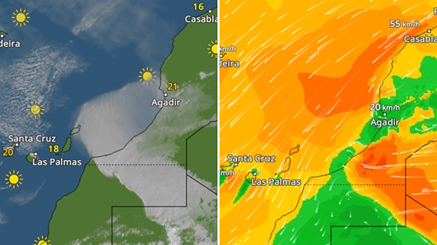 Links: WetterRadar von Montagabend - Rechts: Das WindRadar dazu