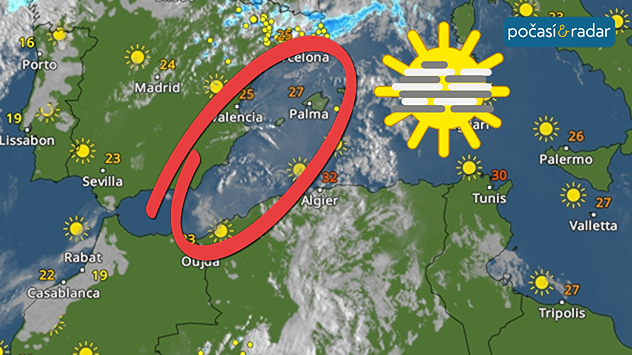 Meteorologický radar s oblaky prachu ze Sahary nad Španělskem a Mallorkou.