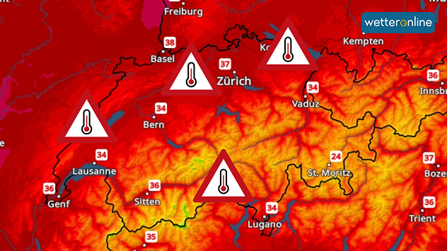 Temperaturkarte der Schweiz mit Warnsymbolen