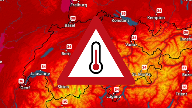 Temperaturkarte für die Schweiz mit Warnsymbol vor Hitze.