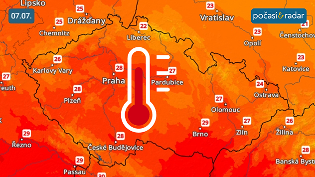 Předpověď maximálních denních teplot v Česku na úterý 7. 7.: V úterý se v Česku přechodně oteplí – odpolední maxima se budou šplhat až k 28 °C. Podobně vysoké teploty se pak vrátí na konci týdne.